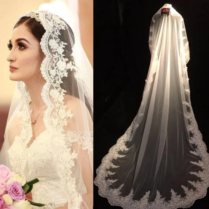 

1 Tier Wedding Veil With Comb Full Lace Edge Scalloped Floral Mantilla Elegant Bridal Veils White Ivory Custom 300cm
