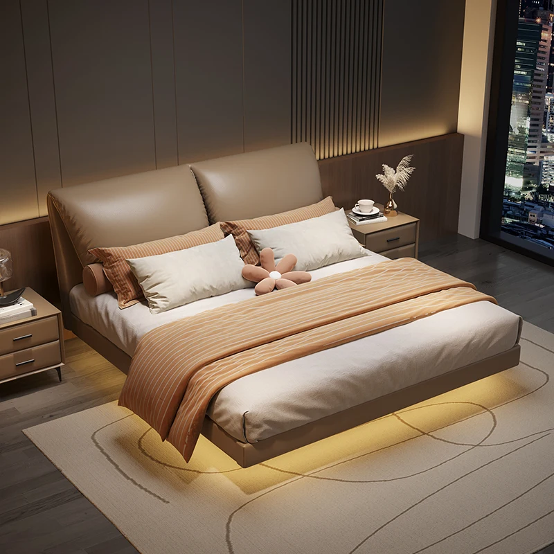 

Italian minimalist leather bed, wooden elephant ear suspension bed, high-end luxury wind, 1.8m double bed.