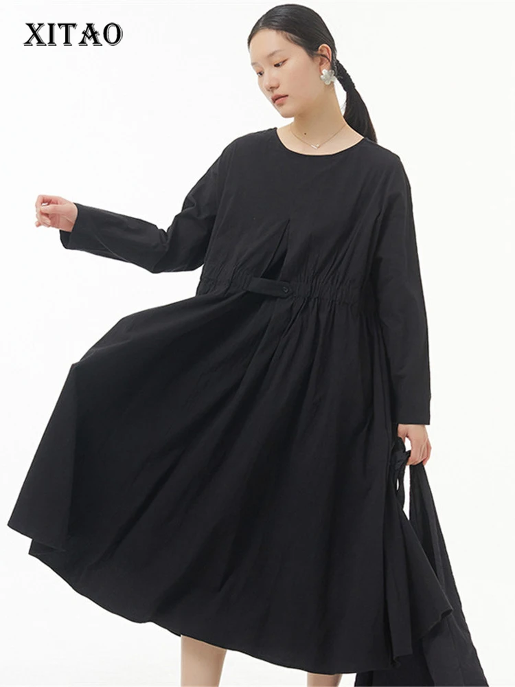 

XITAO Women Dress Solid Color Pleated Pullover Temperament Original Swing Hem Small Fresh Casual Style Dress Top WMD5345