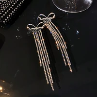 silver needle diamond bow long tassel earring wedding ball exaggerated design sense fashion personality noble ear jewelry women