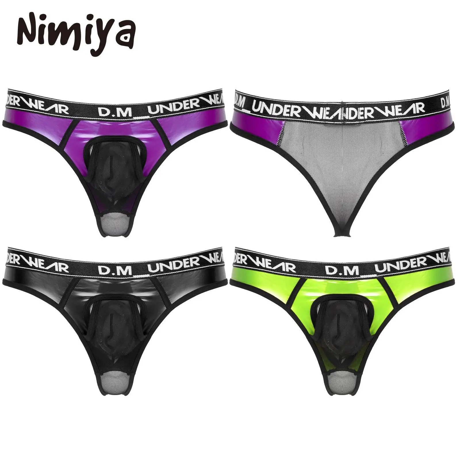 

Nimiya Mens Glossy Pu Leather See-through Mesh Patchwork Briefs Hollow Out Bulge Pouch Thongs Low Waist Breathable Underwears