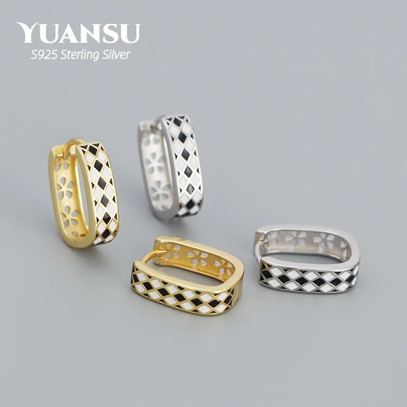 

New S925 Sterling Silver Fashion Statement Checkerboard Enamel Hoop Earrings for Women Charms Punk Party Jewelry Ear Buckle Gift