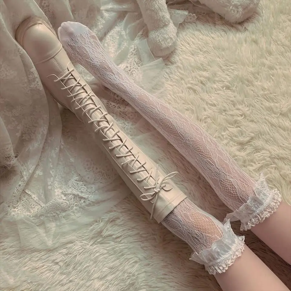 

Sexy Japanese Style Stockings Bowknot Fishnet Knee Socks Anti-Snagging Women Hollow Lace Stocking Fish Net Pantyhose Lolita