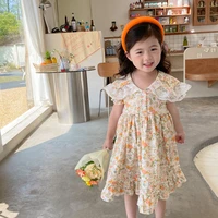 korean version girls summer new dress cream series little girl floral chiffon lace large lapel princess dress