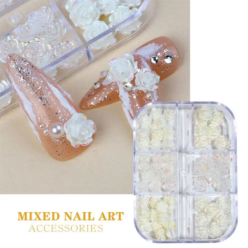 

Camellia Nail Art Decorations WhiteTransparent Rose With Chain Luminous Camellia Nail Charm Decorative Manicure Accessories