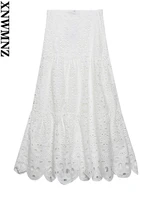 xnwmnz women white fashion cotton embroidered long skirt female vintage high waist chic summer skirts