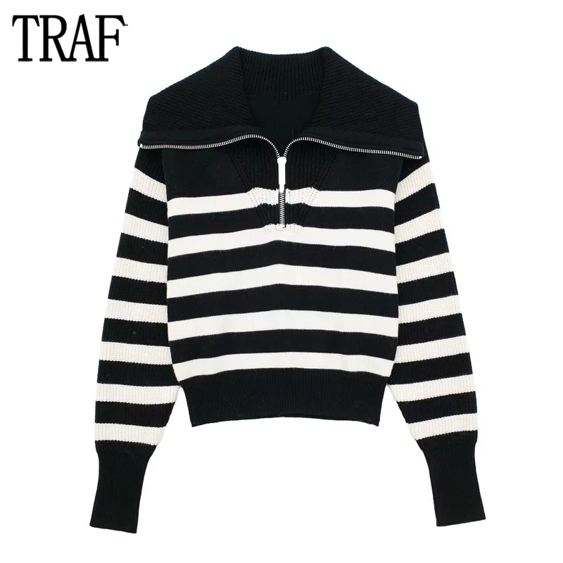 

TRAF 2023 Striped Short Sweaters for Women Zip Cropped Sweater Woman Long Sleeve Knitted Sweater Women Autumn Winter Knitwears