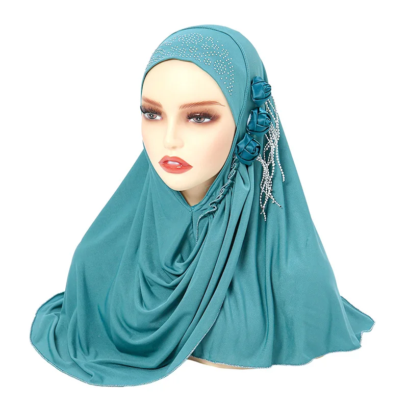 

New Fashion Flower Women Muslim Hijab With Rhinestones Islamic Scarf Arabic Hats Lady Headwrap Ramadan Pray Hats Turban Caps