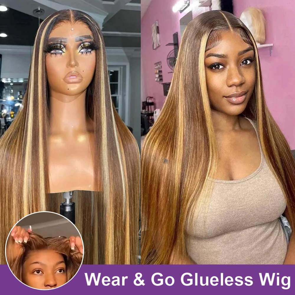 

Wear and Go Straight Highlight Ombre 13x4 HD Lace Frontal Wig 7X5 Lace Closure Glueless Wig Human Hair Ready To Wear Go Pre Cut