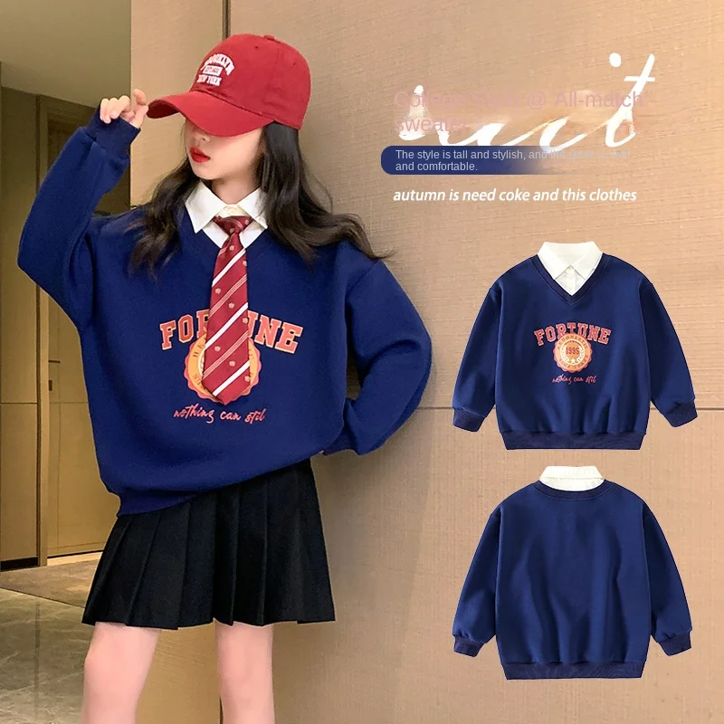 

Свитер для девочек, новинка осень 2023, топ с имитацией двух частей в Корейском стиле, модный детский топ на весну и осень