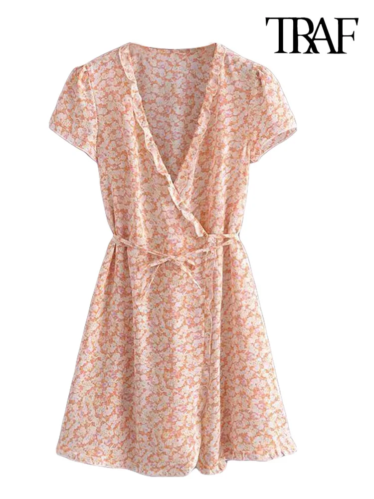

TRAF Women Fashion With Ruffles Printed Wrap Mini Dress Vintage V Neck Short Sleeve Female Dresses Vestidos Mujer
