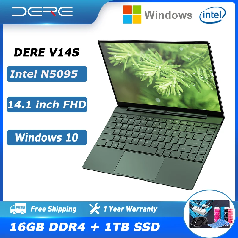 Dere V14S Laptop 14.1 Inch 16GB RAM 512GB SSD Intel Celeron N5095 Full HD Screen Backlight Keyboard Computer Windows 10 Notebook