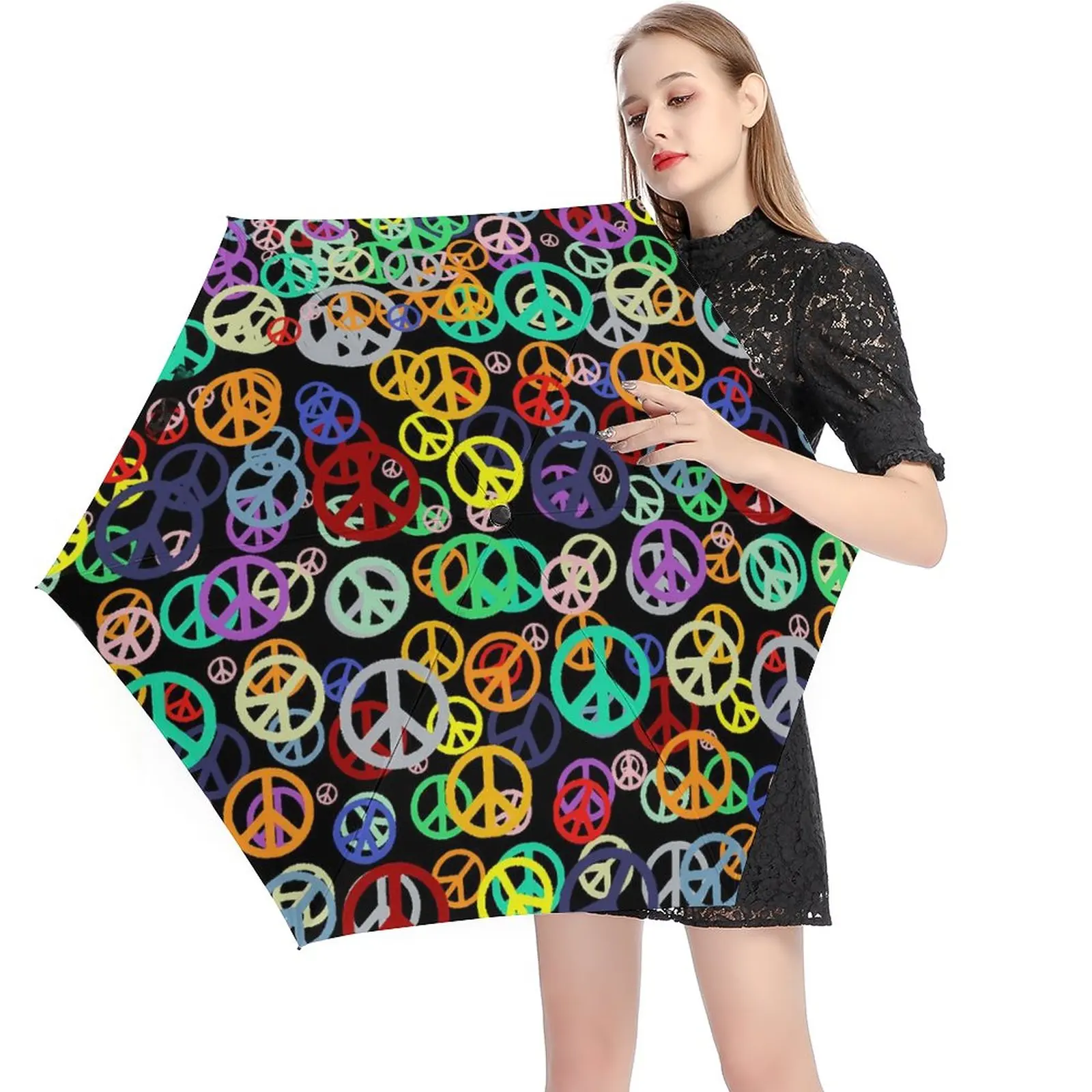 

Colorful Peace 5 Fold 6 Ribs Umbrella Retro Symbol Print Mini Pocket Umbrella Wind Resistant Umbrellas for Men Women