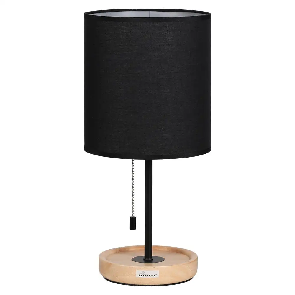

Black Contemporary Desk Lamp with Wooden Base, Fabric Shade, Metal Frame