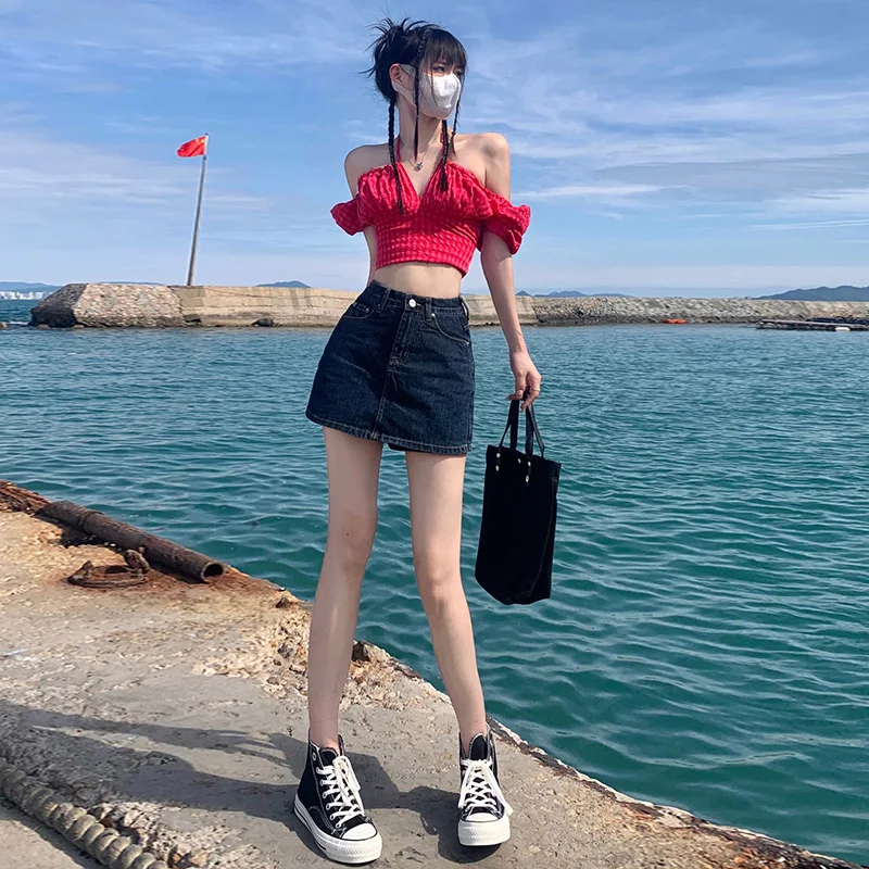 

2023 spring and summer retro sweet and spicy high-waisted A-line skirt all-matching jean skirt ins tide women's skirt