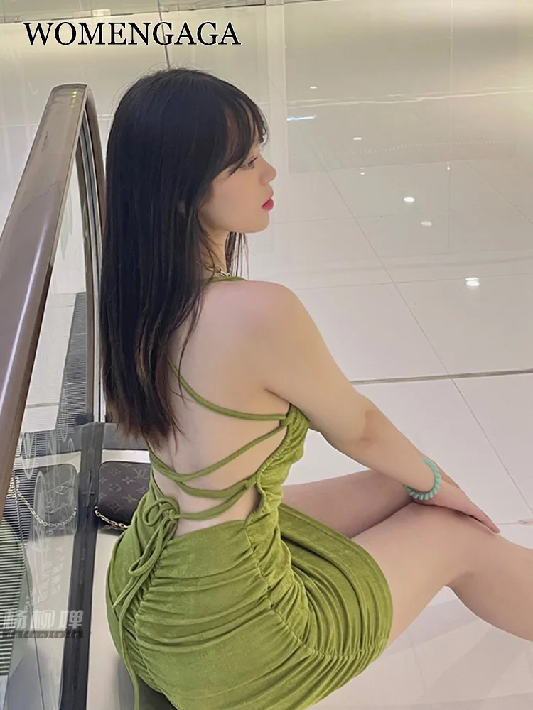 

Женское Плиссированное тонкое платье-мини с открытой спиной, на осень, зеленый пикантный топ в Корейском стиле, модель BH3E, 2022