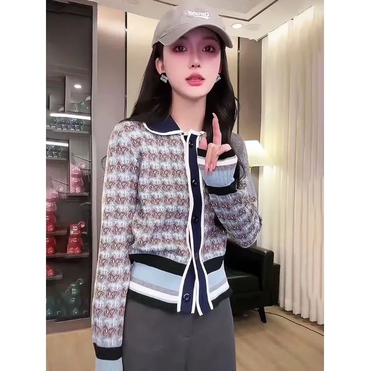 Корейский модный жаккардовый вязаный женский кардиган в горошек с длинными