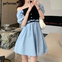 dress womens chic vintage high waist one word shoulder puff sleeve a line mini dresses elegant french female clothing new summer