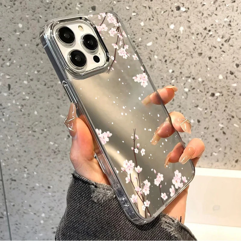 Фото Розовый чехол-зеркало с узором вишневого цвета для iPhone 11 12 13 14 15 Pro Max 16 Plus 17 Pro Max 16E – модная задняя крышка с зеркалом для макияжа №3