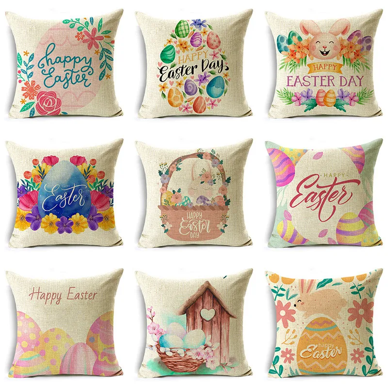 

Flowers Bunny Easter Decorations Pillowcase for Home Cushion Cover 40cm/45cm and 50cm Linen Decorative Pillowcases