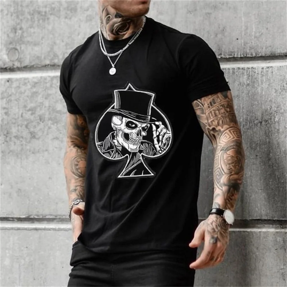 

Funny Poker Skull Print Men's T Shirt Summer Hip Hop Harajuku Vintage Clothes Fashion O-neck Top Street Trend Loose Short Sleeve