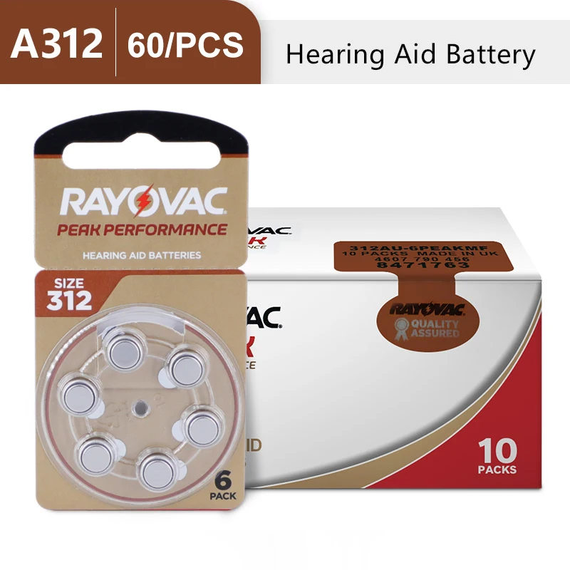 60Pcs Hearing Aid Batteries 312 A312 312A ZA312 312a PR41 Rayovac Peak UK Zinc Air Button Battery For The CIC BTE Hearing Aids