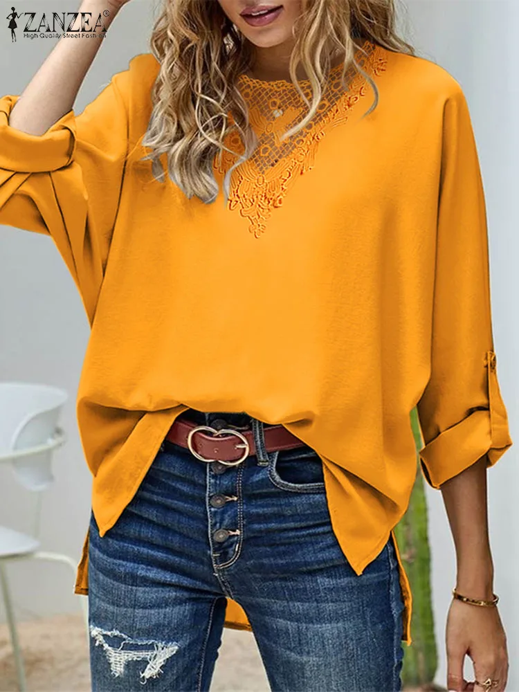 

ZANZEA Fashion Lace Trim Women Blouses Casual Loose Solid Color Round Neck Long Sleeve High-low Tops 2023 Spring Side Slit Blusa