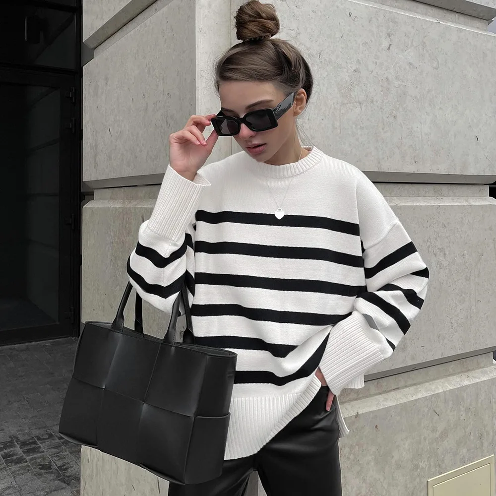 

round neck Women's Striped Sweater Black and White Thick Warm Winter Jumper Female Vintage Gray Green Knitted Sweaters for Women