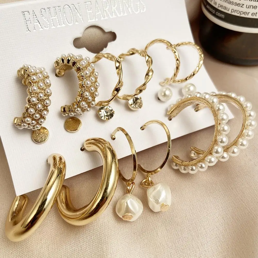 Серьги-гвоздики женские металлические с жемчугом 9 шт.