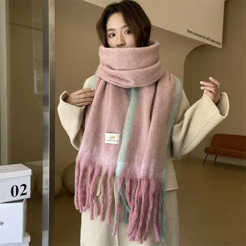 Большой зимний женский шарф двухцветные вязаные пончо накидка женская шаль