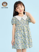 a21 girls casual dress 2022 summer new fashion cotton doll collar full of printed sweet and cute bubble short sleeved dresses