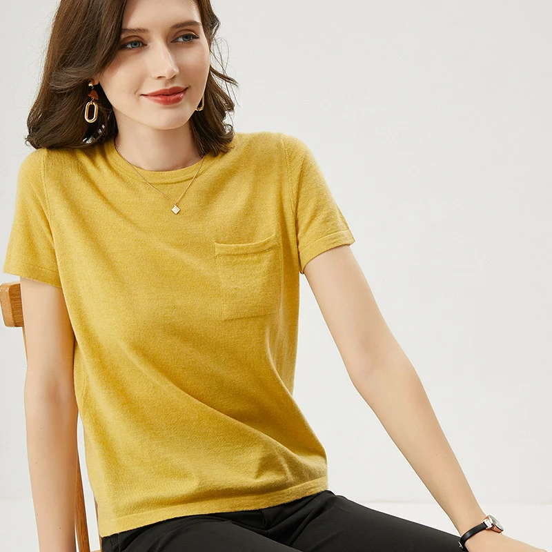 

85% Mulberry Silk 15% Cashmere Worsted Women's Round Neck Short Sleeved Summer T-shirt Thin Half Sleeved Fashionable New Style