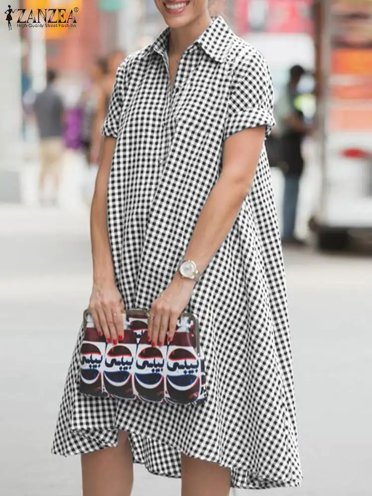 

Повседневный Свободный Мини Сарафан ZANZEA с коротким рукавом, женские короткие платья в клетку с принтом, модные платья с отложным воротником, летнее платье 2023