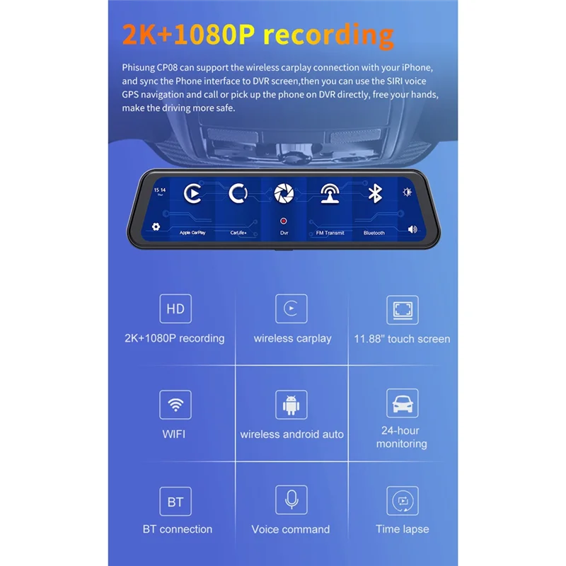 

Автомобильный мультимедийный плеер с двумя объективами, 11,88 дюйма, 2K, FM, Автомобильный видеорегистратор, зеркальный видеорегистратор, сенсорный экран 1080P, Запись вождения