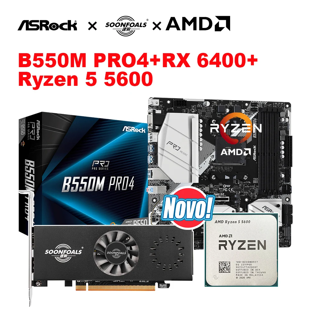 

New AMD kit Ryzen 5 5600 R5 5600 CPU + ASROCK B550M Pro4 + SOONFOALS RX 6400 Micro-ATX 128GB DDR4 AM4 Motherboard Kit placa mae