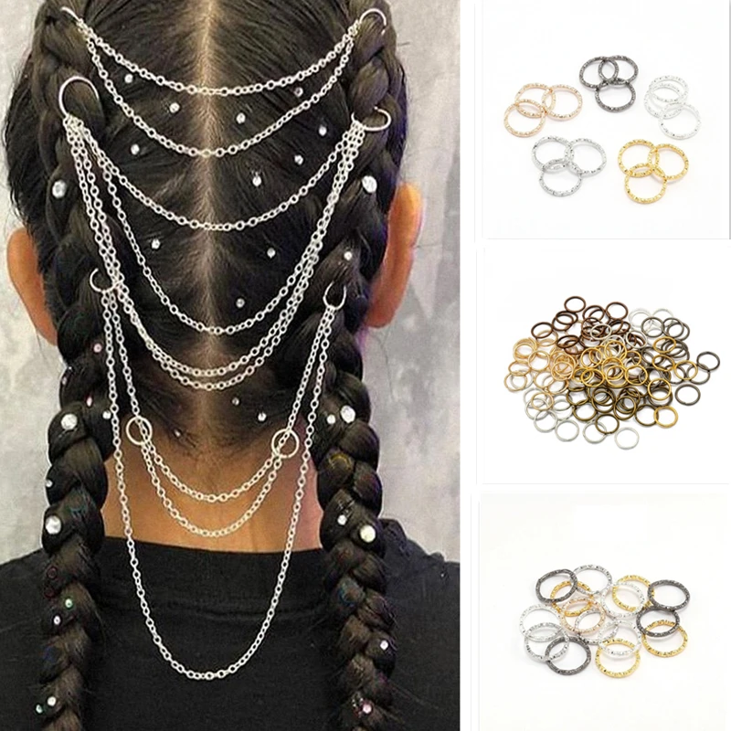 200pcs 8/10mm Metal African Hair Rings Beads Cuffs Hair Braided Hoop Beads Adjustable Hair Clips Braid Gold Dreadlock Rings Bead