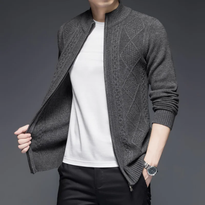

Top Grade Luxury 100% Wool Men's Knitted Cardigans Coat Autumn Winter Thicken Warm Men Fashion Argyle Zipper Sweater Jacket
