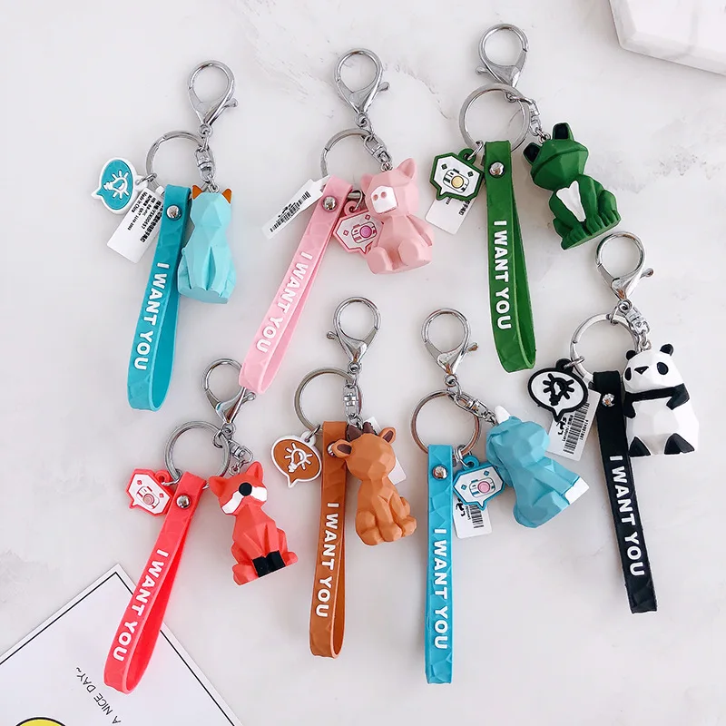 

Creative Geometric Polyhedral Animal Keychain Cute Fox Rabbit Frog Panda Unicorn Keyring Man Car Keychains Women Bag Pendant