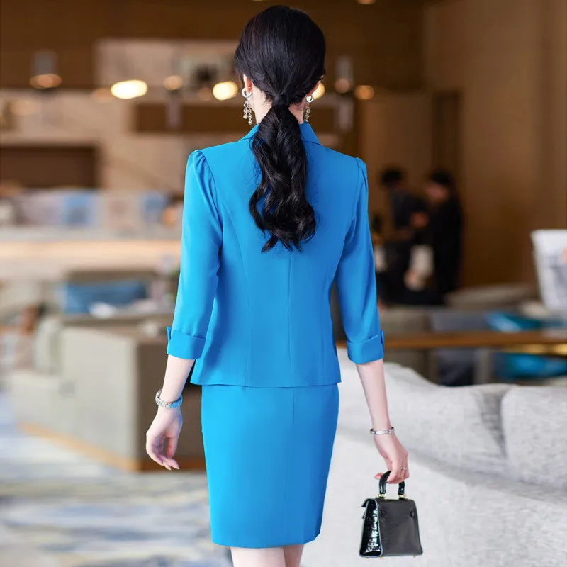 Elegant Blue Women Business Suits Interview Career Office Work Wear Pantsuits Spring Summer Half Sleeve Blazers Trousers Set 5XL |