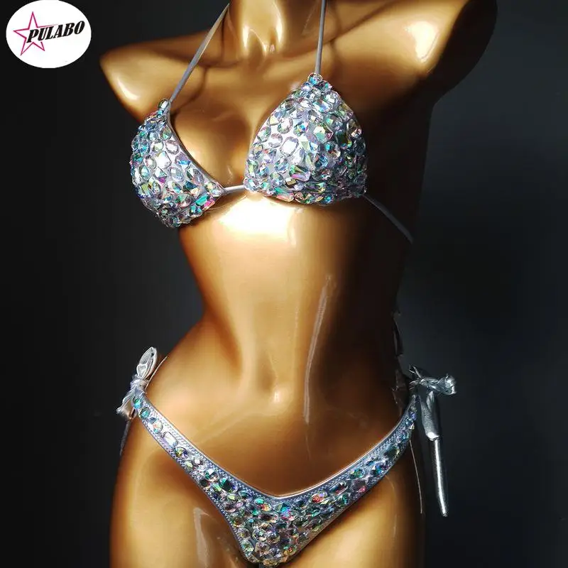 

Luxury Diamond Biquinis PULABO Sexy Crystal Bikinis Female Swimwear Rhinestone Push Up Swimsuit Women Night Club Wear