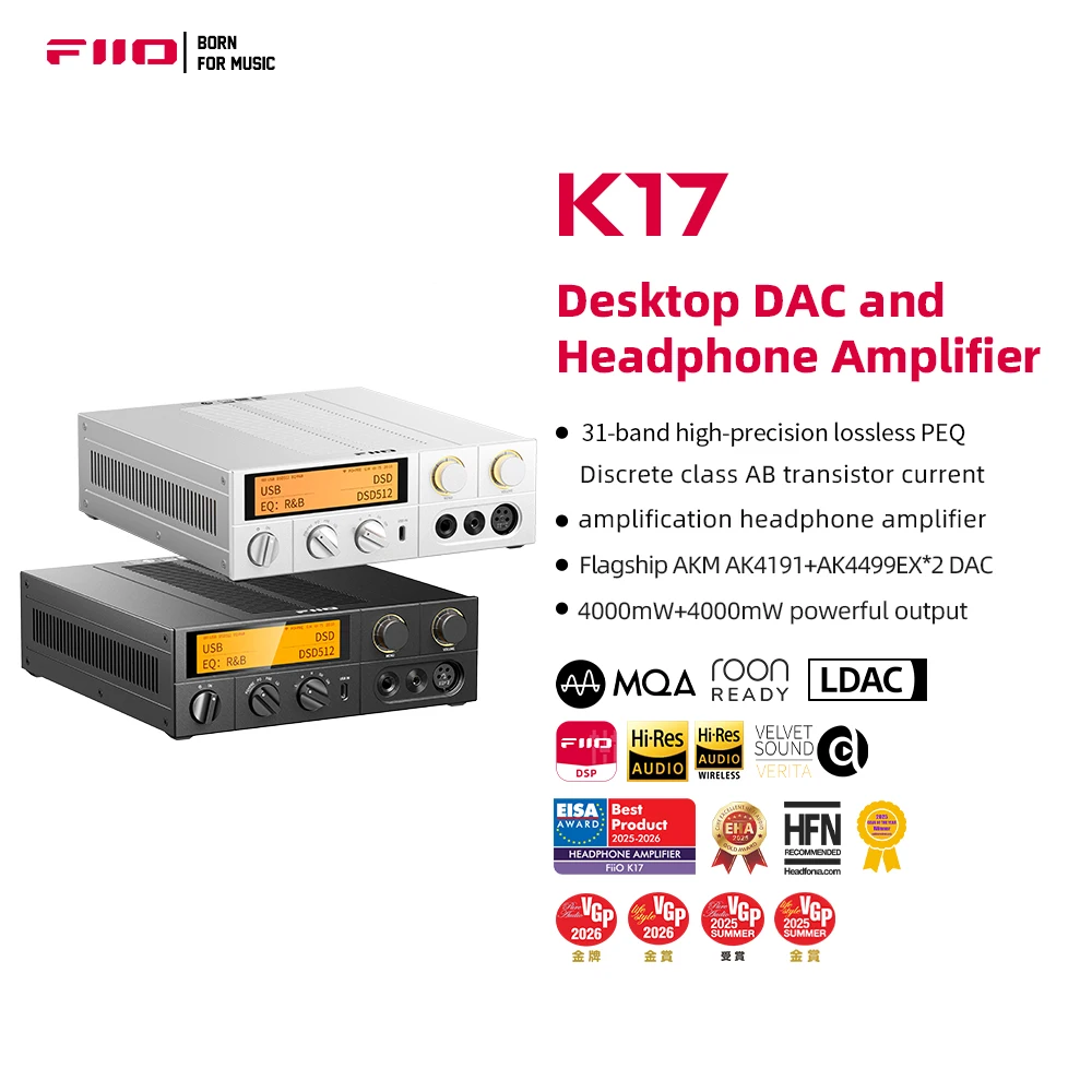 Фото Настольный ЦАП FiiO K17 и усилитель для наушников AK4191+AK4499EX*2, 31-полосный PEQ, MQA, поддержка DSD512 32 бит/768 кГц с дистанционным управлением №1