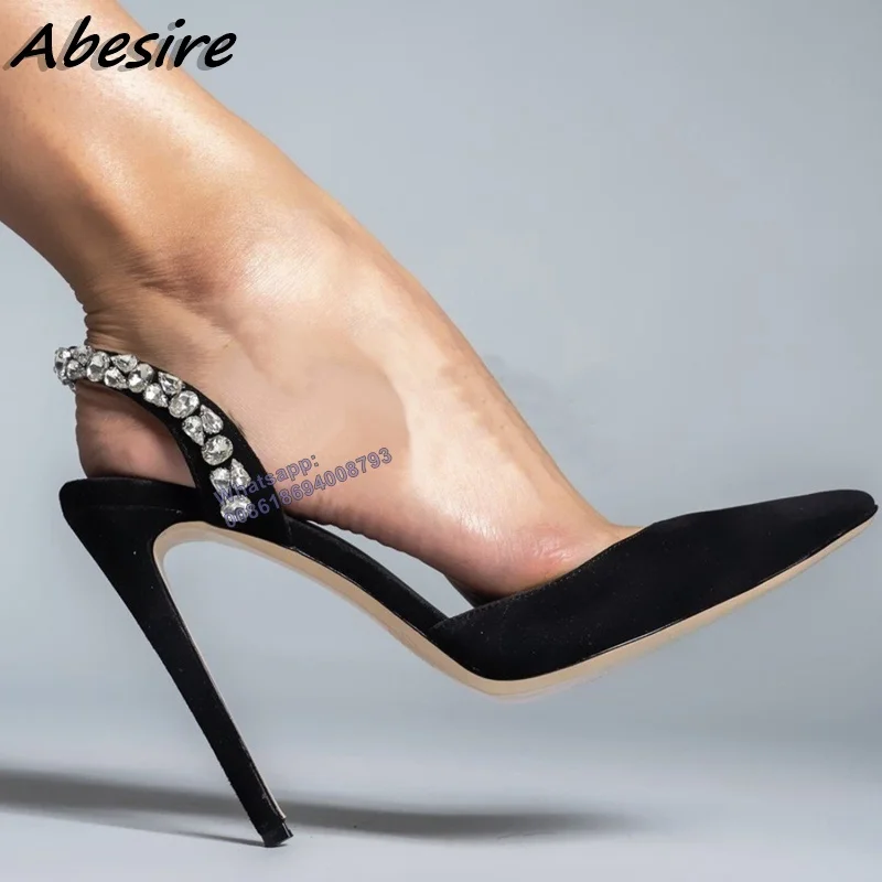 Hot selling crystal Khaki high heel sandals for woman summer pointy toe back strap thin heels shoes new red black crystal pumps