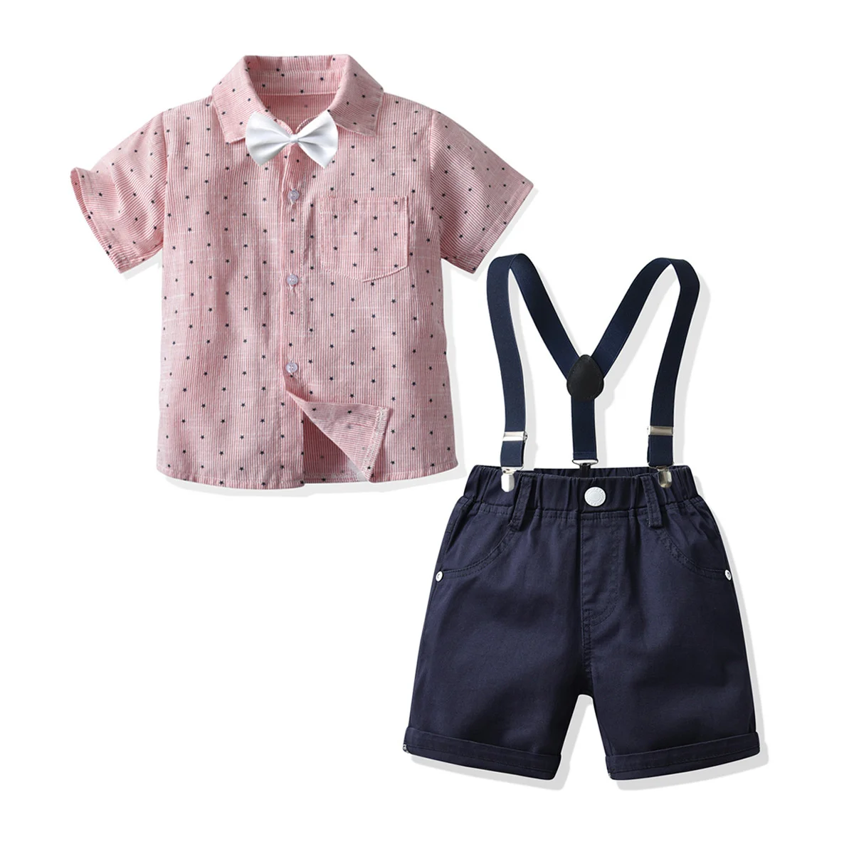 

Boys' Baby Red Stripe Short Sleeve Shirt Strap Shorts Set Small and Medium-sized Children Star Gentleman Dress Four Pieces