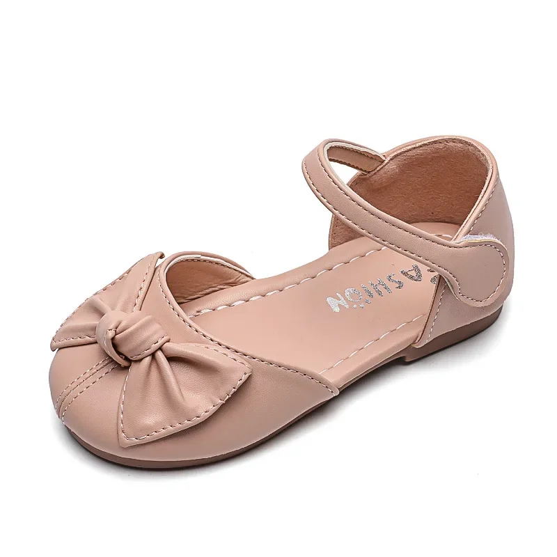 

2023 Spring and Summer Korean Style Girls Covered Toes Princess with Bow Fashion Kid Casual Flat Solid Beige Dress Shoes Shallow