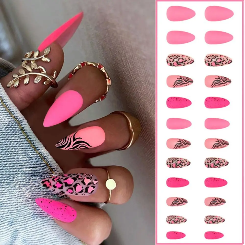 

24pcs False Nails Leopard Full Cover Pink Gorgeous Fake Nails Long French Almond