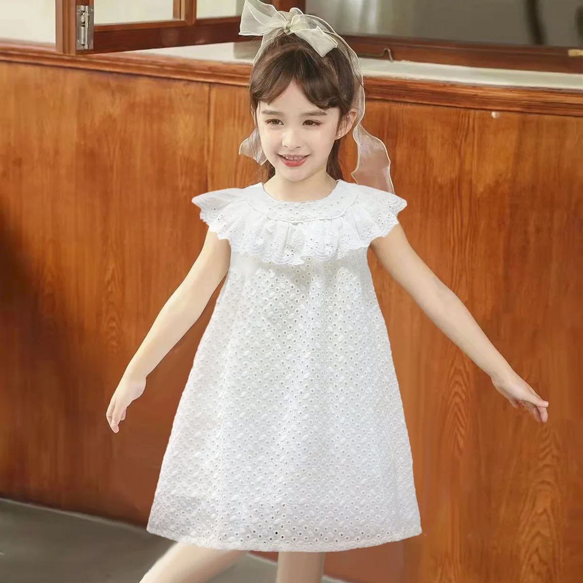 

Summer Sleeveless Ruffles Children's Clothes Organic Cotton Floral Hollow Out Loose Baby Girls Dress White Casual Kids Dresses