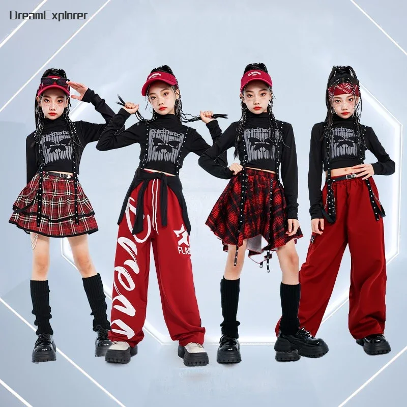 Hip Hop Girls Fashion K-pop Crop Top Street Dance Cargo Pants Kids Streetwear Plaid Skirts Children Jazz Girl Group Clothes Sets