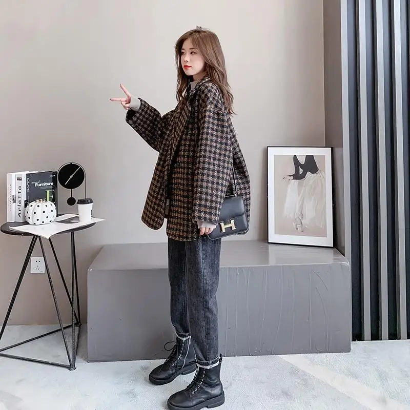 

Autumn Women Midi Length Coat Female Fashion Plaid Printed Turn Down Collar Long Jacket Casual Double-Breasted Overcoat G158