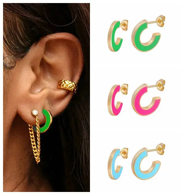 

925 Sterlings Silver Needle Double Sided Colorful Enamel Stud Earrings for Women Red White Blue Green Geometric Earrings Jewelry