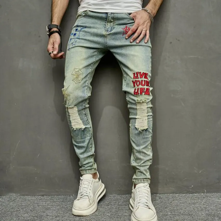 Graffiti Embroidery Print Jeans Men Cotton Stretchy Ripped Skinny Casual Denim Trousers Hip Hop Destroyed Hole Slim Fit Pants